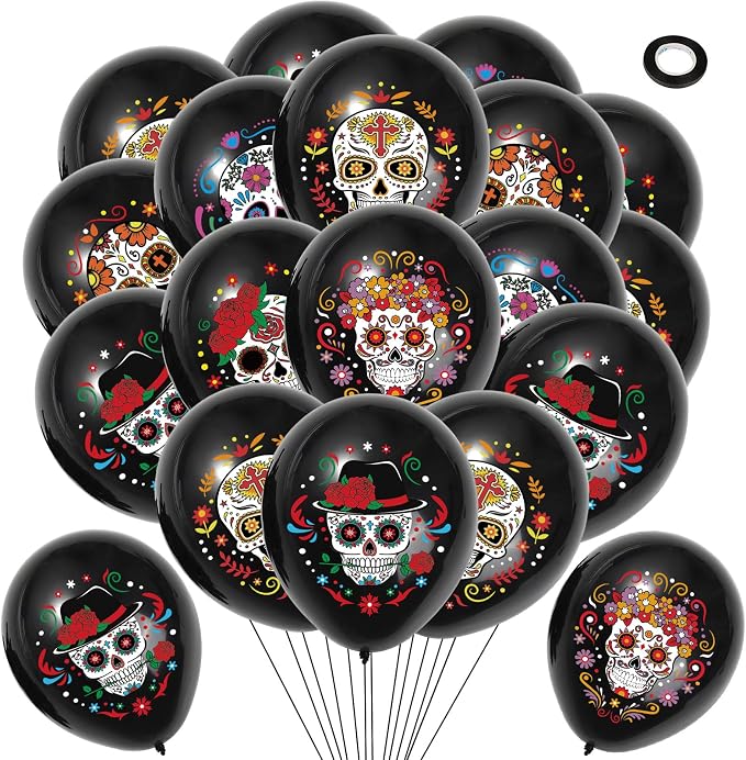 HOWAF 30pcs Day of The Dead Sugar Skull Balloons, Mexican Dia De Los Muertos Party Balloons, Black Sugar Skull Latex Balloons for Halloween Party Fiesta Party Cinco De Mayo Party Supplies - skull wreath