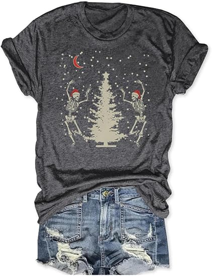 Christmas Shirts Women Merry Christmas Tree Printed T-Shirts Short Sleeve Holiday Tee Xmas Gift Tops - skeleton