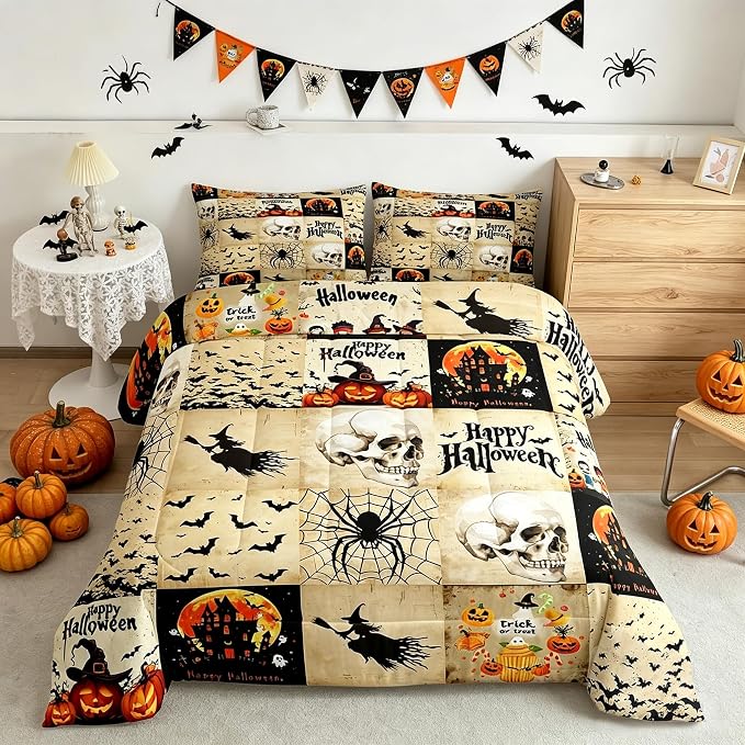 Homewish Happy Halloween Comforter Set Full Size,Kids Pumpkin Lantern Witch Bat Skull Spider Web Bedding Set Brown Grid Patchwork Quilt Set Vintage Gothic Duvet Insert Boys Girls Bedroom Decor 3Pcs
