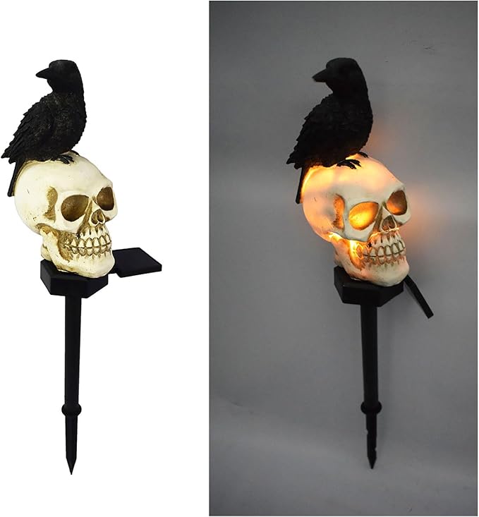 Solar Crows Skull Outdoor Solar Skeleton Lamp, Waterproof Solar Lights Skull Garden Decor, Crow Shape Solar Garden Decor Lights for Yard Lawn Patio Halloween Party Decor - skull lamp