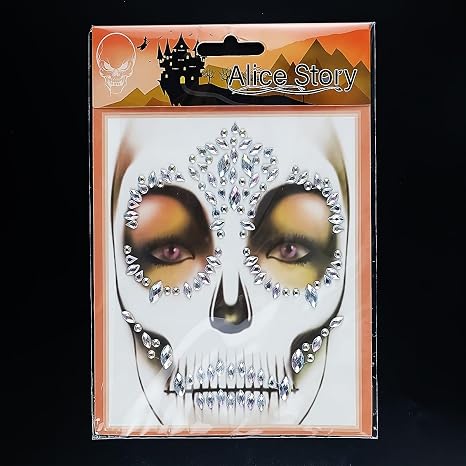 Day of The Dead Face Rhinestones for Makeup Stick on Skull Halloween Face Jewel Tattoos Glitter White Rhinestone Tattoo Stickers for Crystals Face Stickers Eyes Face Temporary Tattoos 1 Pack - sugar skull makeup