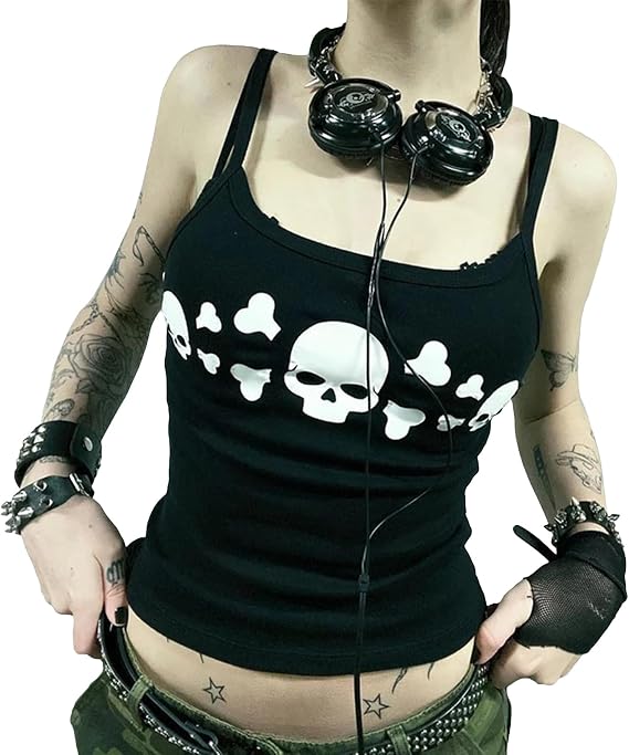 Women E Girl Gothic Camisole Y2k Grunge Crop Top Retro Halloween Skull Print Spaghetti Strap Sleeveless Vest Tank Top - skull tank tops