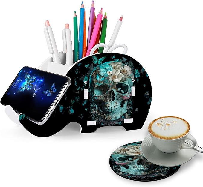 Elephant Pencil Holder with Phone Stand and Coaster,MultiFunction Removable Organizers with Phone Stand Office Accessories Desk Decoration for Home Office - Skull Flower and Butterfly - skull coaster