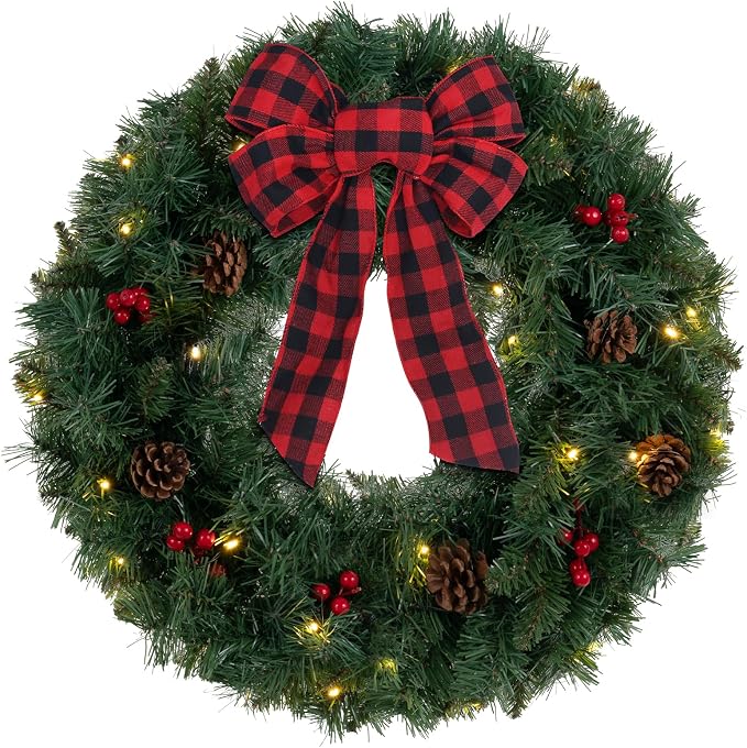 24 Inch 2FT Christmas Wreath, 30 LED Lights Christmas Wreaths for Front Door with Bow Red Berries Pine Cones, Prelit Timer Home Decor, Xmas Wall Windows Decorations Indoor Outdoor