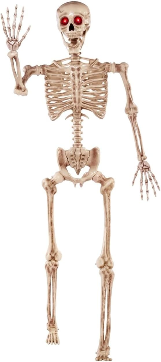 JOYIN 5.6 FT Halloween Posable Skeleton Life Size with LED Red Glowing Eyes, Realistic Giant Skeleton Bones Full Body Movable Joints for Halloween Indoor Outdoor Decoration Props, Spooky Party Decor - skeleton