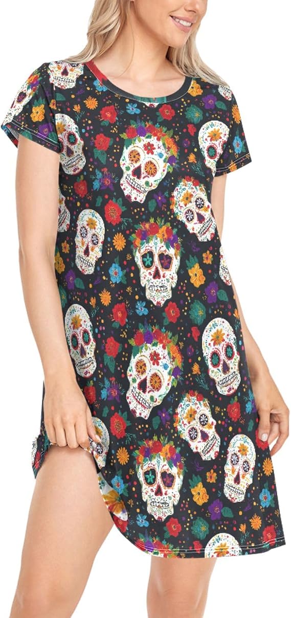 Naanle Chic Beautiful Pattern Women's Comfy Nightgown Short Sleeve Daily Loose Girls Nightshirts Loungewear PJs Dress S-XXL - sugar skull dress