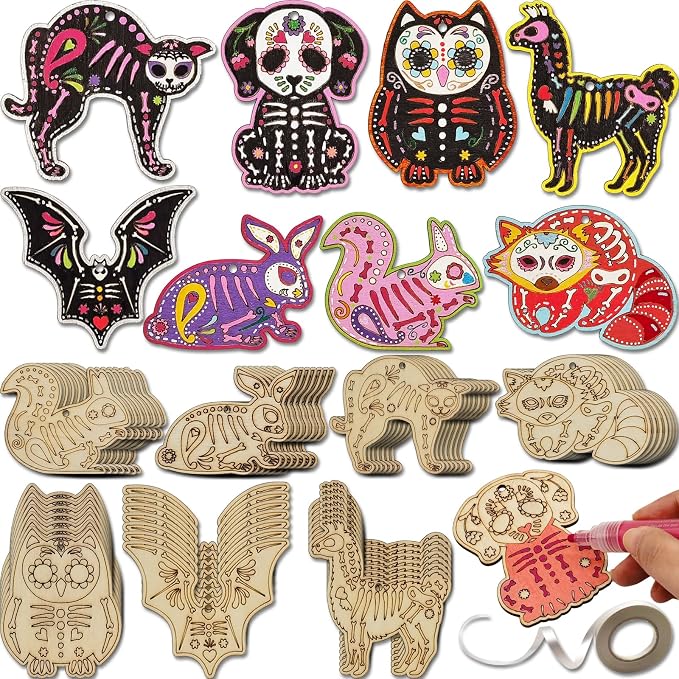 56 Sets Halloween Sugar Skull Crafts Day of Dead Animal Skeleton Unfinished Wooden Ornament DIY Painting Make Your Own Dia De Los Muertos Decorations Mexican Fiesta Blank Cutout Hanging Slices - skull painting