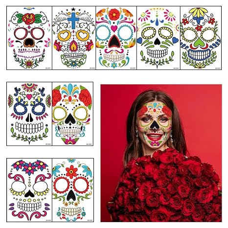 Hying 9 PCS Day of The Dead Temporary Tattoos Halloween Skeleton Face Tattoos Sugar Floral Skull Temporary Face Stickers Day of The Dead Makeup Tattoos for Mexican Halloween Party Favor Supplies - sugar skull makeup