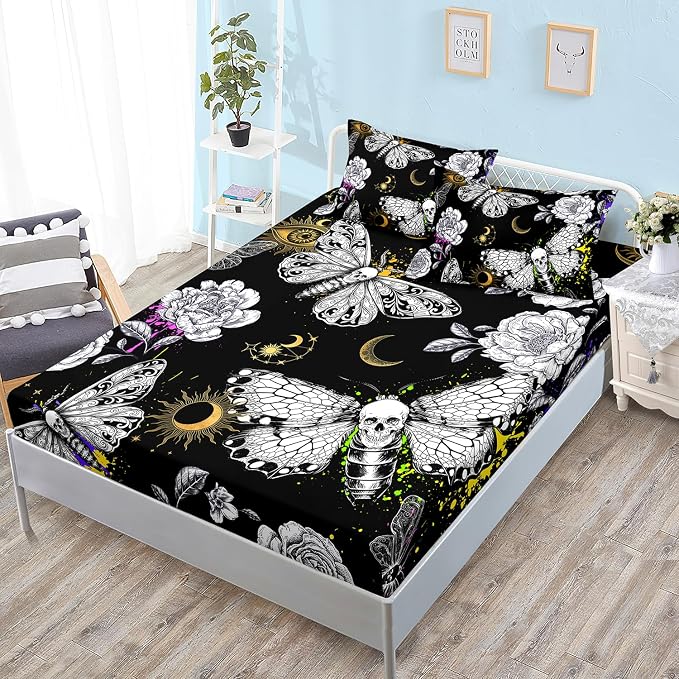 HOSIMA Death Moth Skull Heads Fitted Sheet Horror Theme Halloween Bedding,Goth Bedding Butterfly Bed Set Twin Bed in A Bag Sets for Adults Boys Girls Room Decor Floral Sheets Deep Pocket. - skull bedding