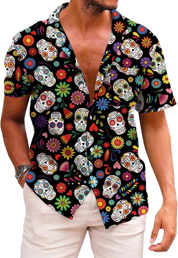 KYKU Funky Hawaiian Shirt for Men Palm Beach Shirts Tropical Vacation Clothes - sugar skull costume