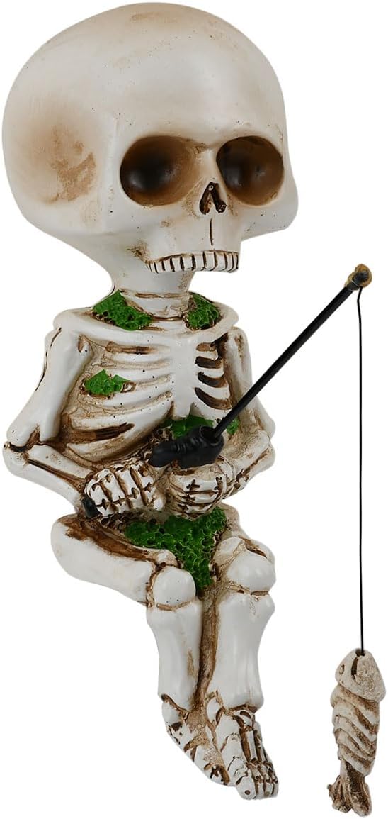 DS. DISTINCTIVE STYLE Style Fishing Skeleton Statue 4.5 Inch Mini Skull Figurines Halloween Gothic Decor Resin Cute Skull Fisher Sculpture for Outdoor Garden Pond Fountain Poolside - skull figurine