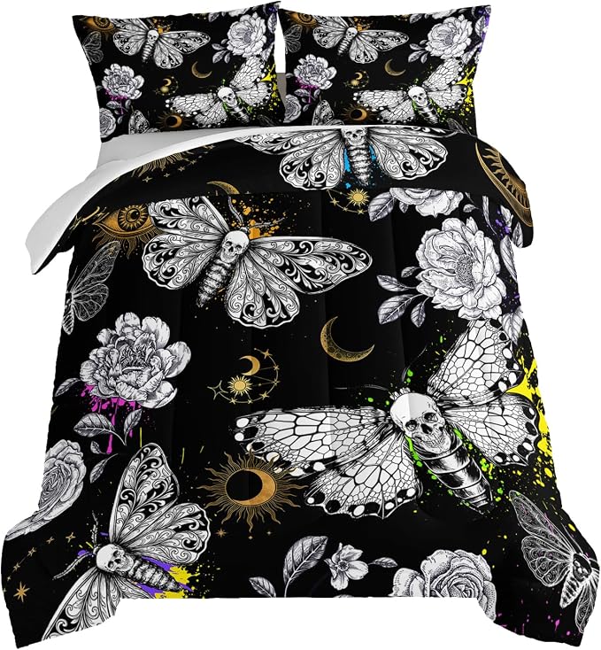 HOSIMA Death Moth Skull Heads Comforter for Queen Size Bed Horror Theme Halloween Bedding,Goth Bedding Set Floral Butterfly Bed Set Room Decor for Teen Girls Boys Black Comforter Set. - skull bedding