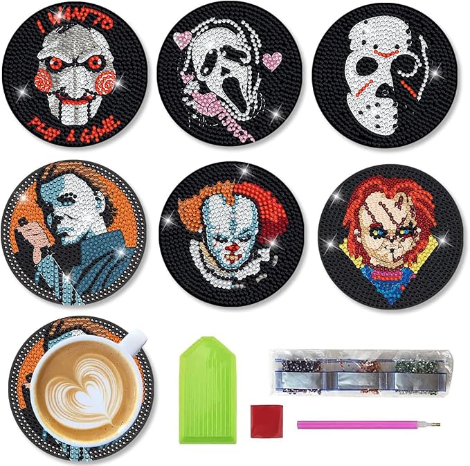 Bysincy 6 PCS Diamond Painting Coasters Kits with Holder Horror Halloween, DIY Funny Jack Skull Diamond Art Coaster Sets for Beginners Adults and Kids Art Craft Supplies Holiday Gift - skull coaster