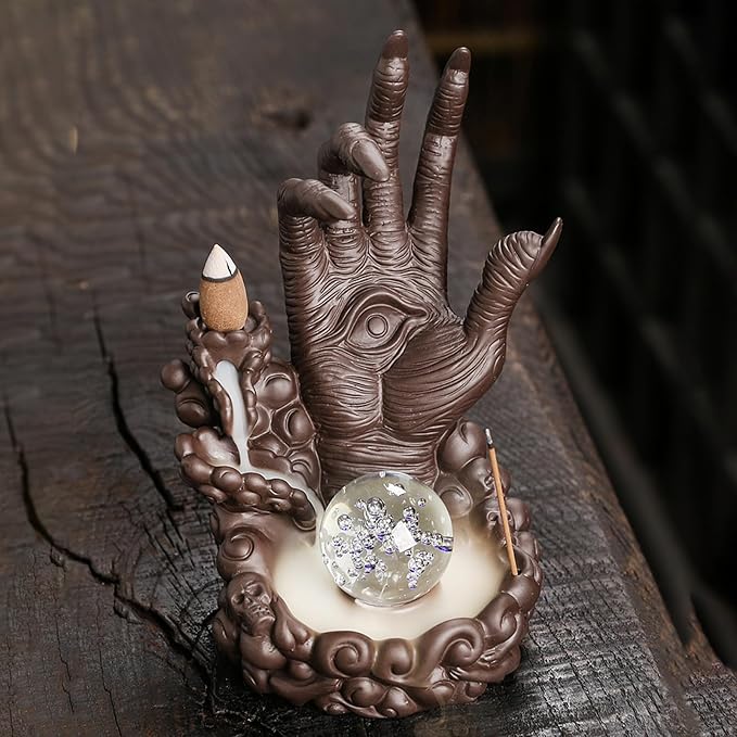 Buddha Hand Series Backflow Incense Burner Skull Incense Waterfall Holder Smoke Indoor Creative LED Ceramic Incense Cone Incense Burner Decoration Incense Burner Ornamen for Home Office Yoga Temple - skull incense burner