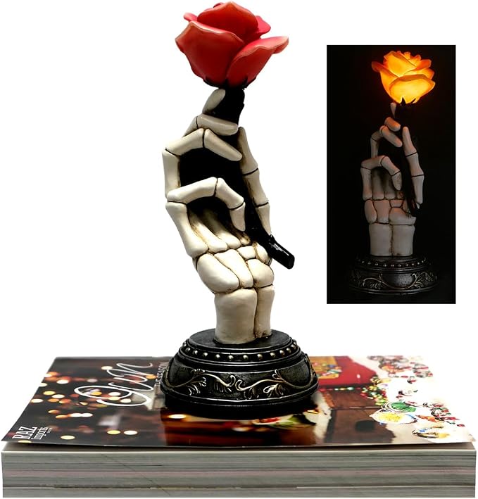 YUETJIN 10.25" Lighted Gothic Halloween Skeleton Hand Holding Rose Statues - skull figurine