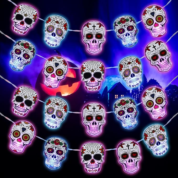 Ganeen 10 ft Halloween Sugar Skull LED String Lights Battery Operated - string light