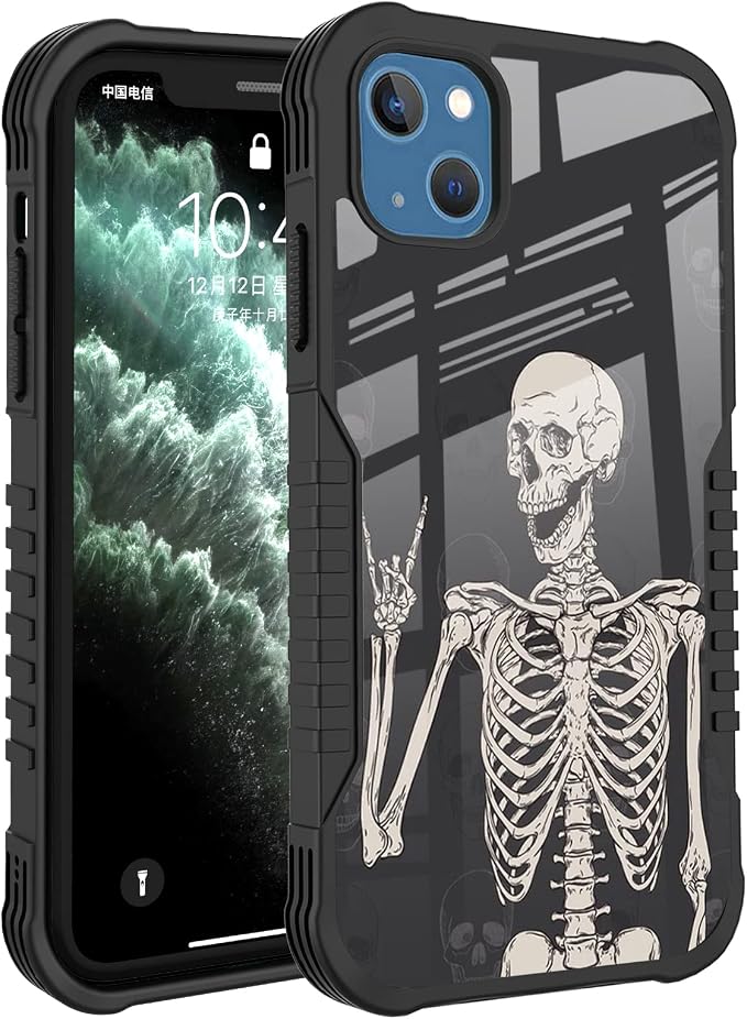Compatible with iPhone 15 Case, Rock and Roll Skull Skeleton Bone Love Music Design Heavy Duty Anti Slip Shockproof Hard PC Backplane Soft TPU Prevention Protective Case for iPhone 15