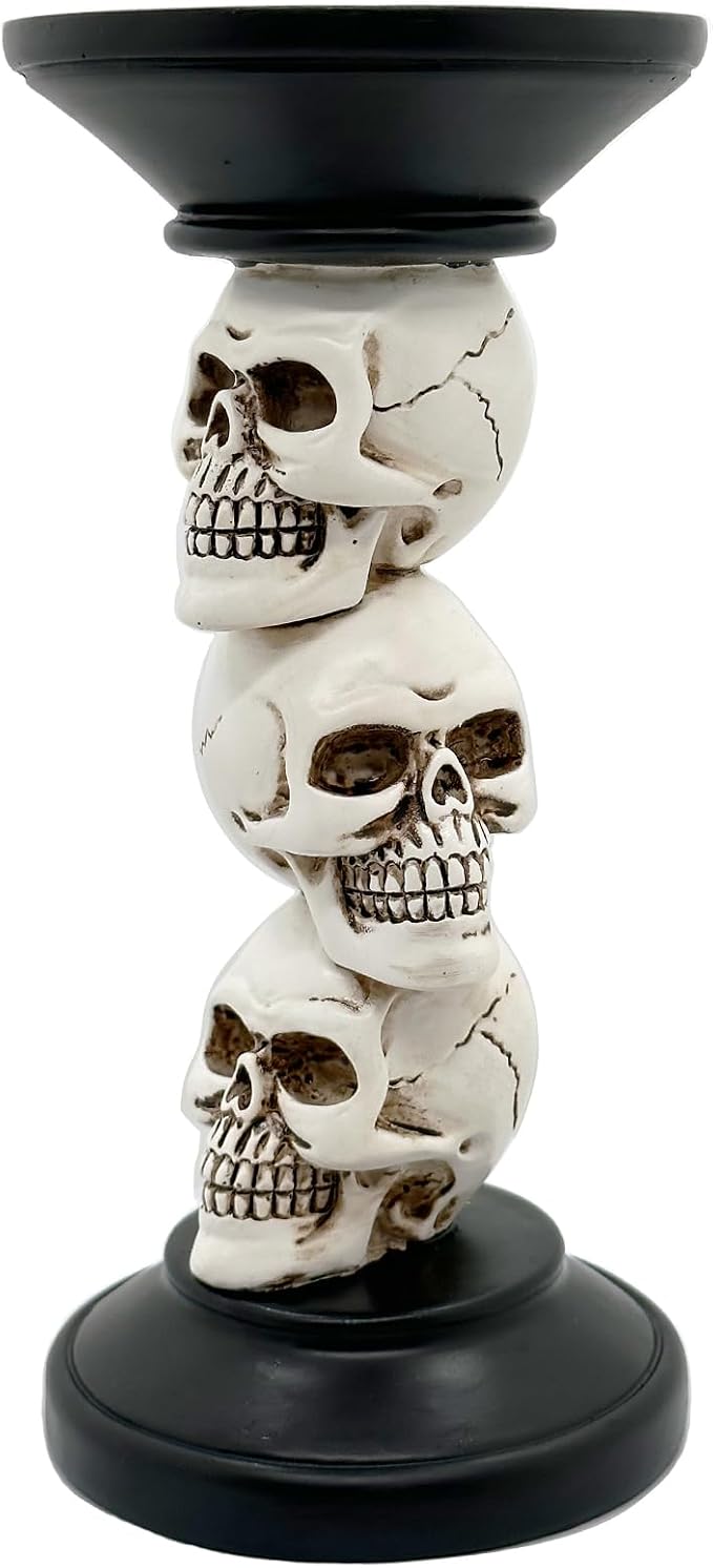 Halloween Skull Candle Holder - Vintage Pillar Candle Holder with Resin Skull Skeleton Design - Indoor Decor - skull candle