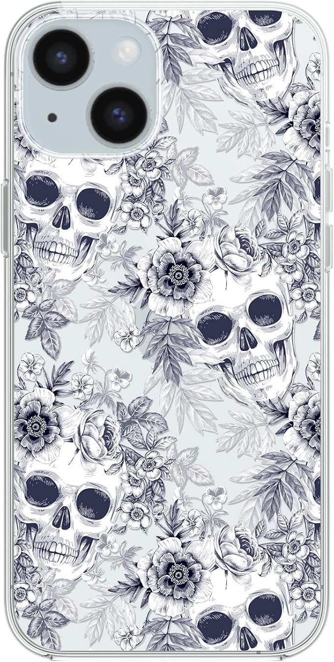 for iPhone 15 Case, Fun Floral Skull Pattern Retro Vintage Art Design Transparent Soft TPU Protective Clear Case 6.1 inch (White Floral Skulls)