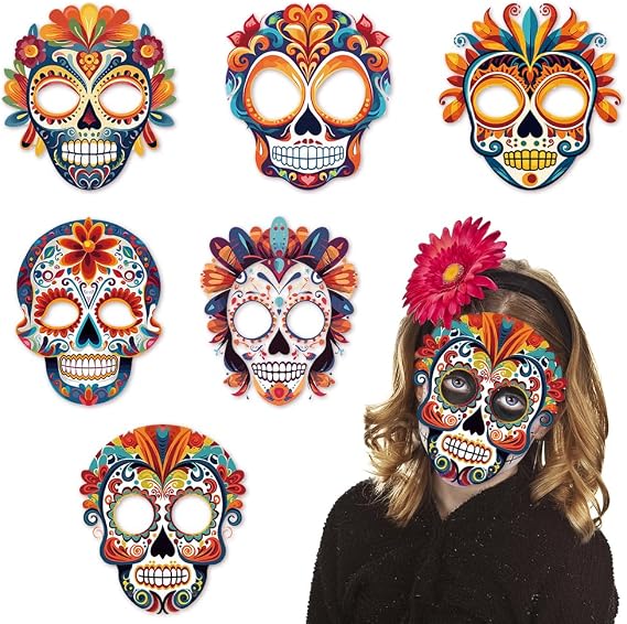 Heureppy 6PCS Day of the Dead Paper Mask Dia de los Muertos Mask for Día de los Muertos Photo Props Party Costume Accessories - sugar skull makeup