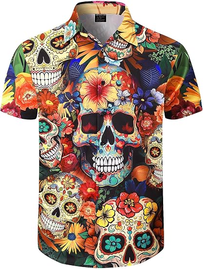 Men's Novelty Short Sleeve Button Down Shirts - sugar skull costume