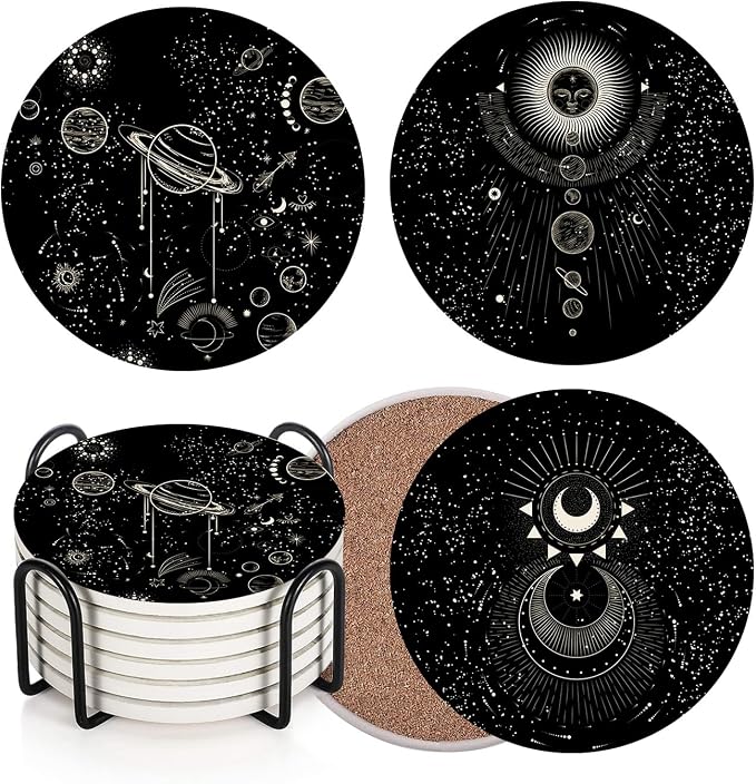 Coasters for Drinks, Set of 6, Ceramic Stone Moon Zodiac - skull coaster