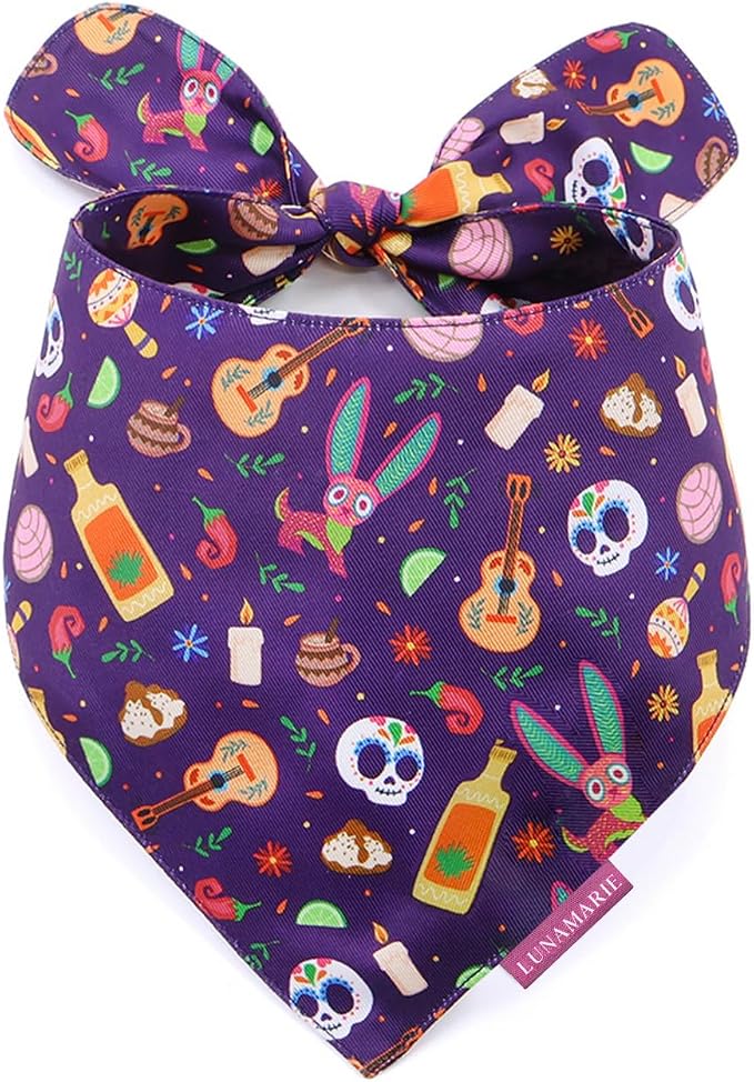 LunaMarie - Luxury Dog Bandanas - Dia De Los Muertos Design | Premium & Silky Poly Fabric | 100% Handmade | Custom Shape Dual Layered Small, Medium, Large Cat Scarf (Day of The Dead, Medium) - skull sticker
