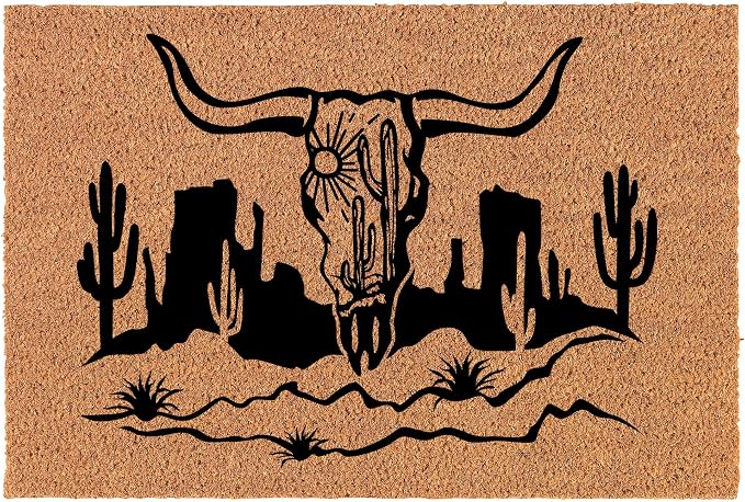 Welcome Doormat Coco Coir Door Mat Gift Cow Skull Cactus Desert Western Scene (30" x 18") - skull door mat