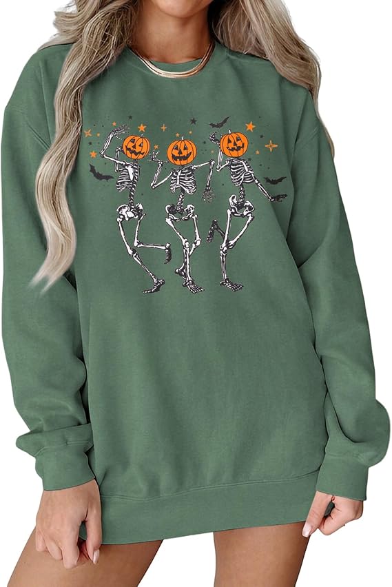 Ritatte Women Dancing Skeleton Halloween Sweatshirt Pumpkin Skull Graphic Pullover Top Spooky Season Crewneck Fall Shirt - skull hoodie