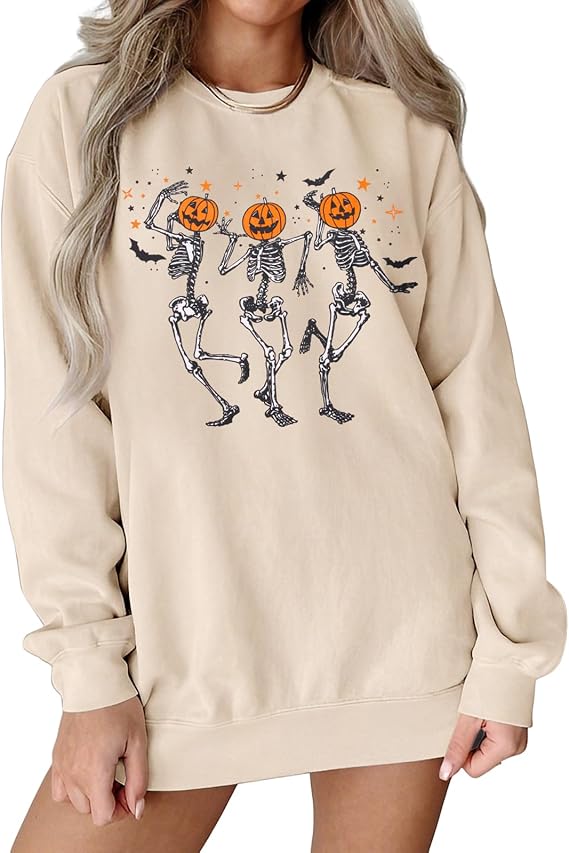 Ritatte Women Dancing Skeleton Halloween Sweatshirt Pumpkin Skull Graphic Pullover Top Spooky Season Crewneck Fall Shirt - skull sweatshirts