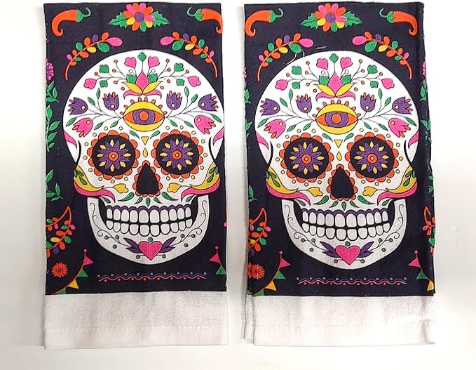 Day of The Dead Sugar Skull Set of 2 Decorative Towels for Bathroom & Kitchen (Black) - skull wreath