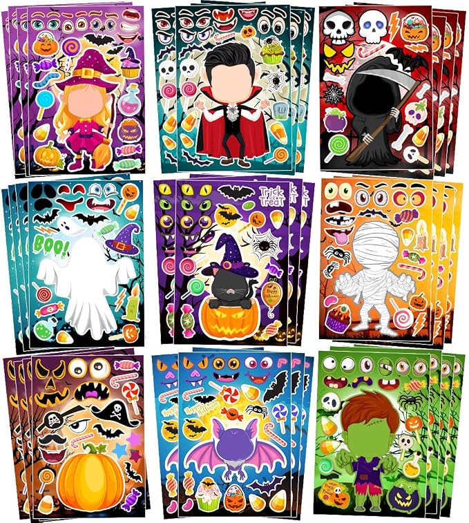 Halloween Stickers, Stickers for Kids, 36 Sheets Make a Face Sticker Sheets, Halloween Crafts Party Favors for Kids - skull sticker