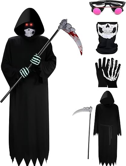 Halloween Grim Reaper Costumes for Boys Adult Grim Reaper Costume Kids 5Pcs Set Scary Ghost Cosplay Outfit Favors Gift - sugar skull costume