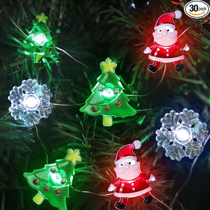 [Timer] Christmas Lights Decorations, 10 FT 30 LED Battery Operated Christmas Tree Santa Snowflake String Lights, 8 Lighting Modes Waterproof Xmas Fairy Lights for Home Party Indoor Decor - string light