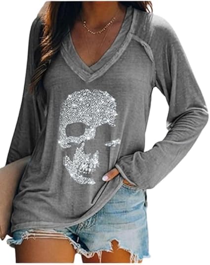 Fronage Womens Rhinestone Skull Tank Tops Long Short Sleeve Summer V Neck Sleeveless Shirts - skull sweatshirts