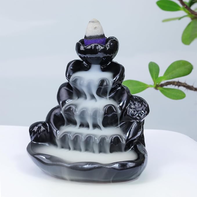 Ceramic Waterfall Incense Burner, Backflow Incense Holder, Incense Cone Burner for Yoga Meditation and Home Decor (Lotus Leaf) - skull incense burner