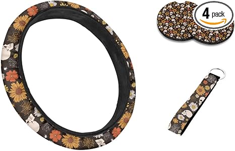Boho Cottagecore Daisy Hippie Flower Steering Wheel Covers Protective 4pcs Halloween Gothic Skeleton Skull Print Steering Wheel Protector Wristlet Keychain Coaster for Cars Truck Sedan - skull coaster
