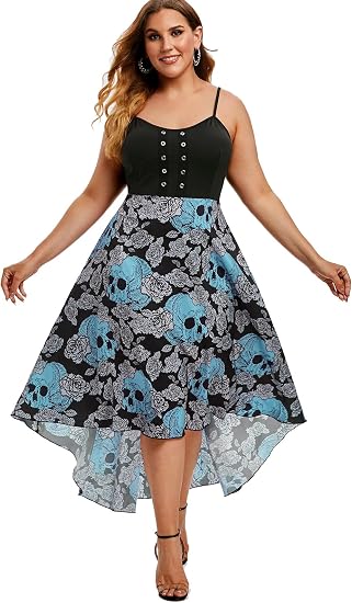 ROSE GAL Womens Plus Size Gothic Grommet High Low Floral Skull Dress A Line Halloween Rockabilly Cami Dress