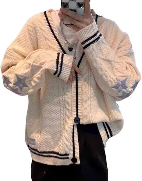 Women's Cardigan Star Embroidery Knit Open Front Cardigan V Neck Long Sleeve Oversized Button Sweater Coat Outwear - skull jacket