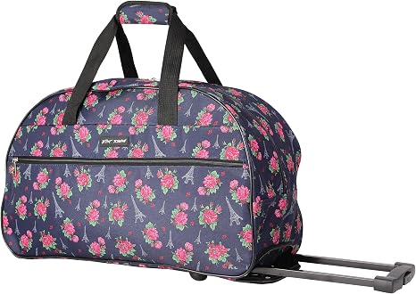 Betsey Johnson Designer Carry On Luggage Collection - Lightweight Pattern 22 Inch Duffel Bag- Weekender Overnight Business Travel Suitcase with 2- Rolling Wheels (Eiffel Towers) - skull suitcase