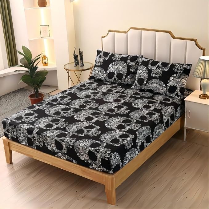 SDIII Gothic Skull Queen Fitted Sheet with 2 Pillowcases, Deep Pocket Soft Microfiber Goth Bed Sheet for Halloween - skull bedding