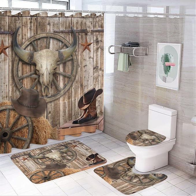 Western Texas Star Print 4 Pcs Waterproof Shower Curtain Set,Rustic Country Wooden Board Cowboy Boots Wheel Cow Skull with Waterproof Toilet Cover Shower Mat Rugs - skull toilet rug