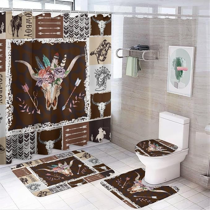 Retro Cow Skull 4 Pieces Shower Curtain Set,Rustic Farmhouse Western Cowboy Geometric Plaid Print Non-Slip Rugs Toilet Lid Cover Bath Mat and Bathroom Curtain - skull toilet mat