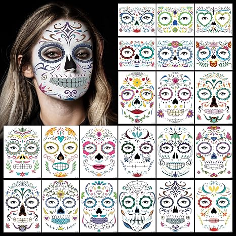 EMOME 21PCS Day of the Dead Face Tattoos Stickers for Women Men, Halloween Face Tattoos for Adults Kids, Skeleton Face Tattoo Sugar Skull Costume for Party Favor Decorations Supplies - sugar skull makeup