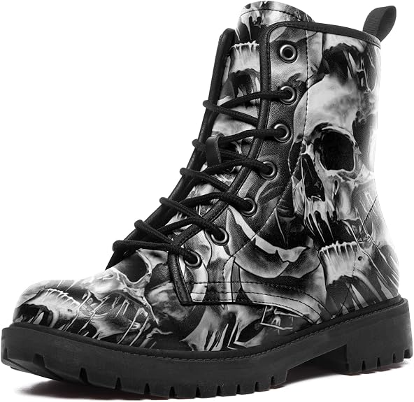 Custom Black Combat Boots for Women Fashion Lace-Up Skull Rose Ankle Booties Chunky Heel Platform Leather Boots