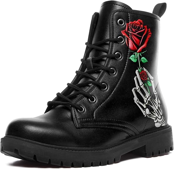 Custom Black Combat Boots for Women Fashion Lace-Up Skull Rose Ankle Booties Chunky Heel Platform Leather Boots - sugar skull costume