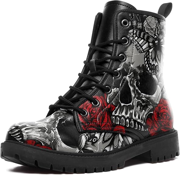Custom Black Combat Boots for Women Fashion Lace-Up Skull Rose Ankle Booties Chunky Heel Platform Leather Boots - sugar skull boots