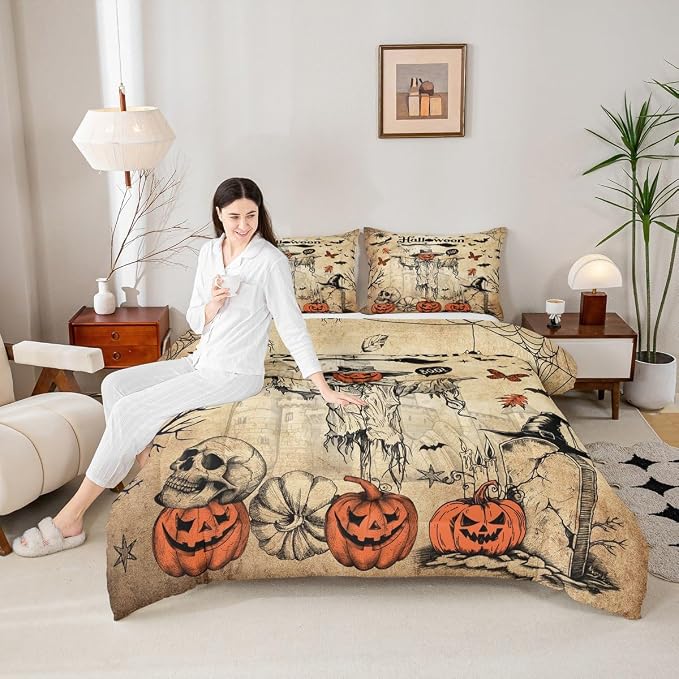 Happy Halloween Comforter Set Full Size,Pumpkin Lantern Bat Skull Bedding Set,Gothic Castle Spider Web Quilt Set Vintage Brown Rustic Sketch Duvet Insert 3Pcs Kids Boys Girls Bedroom Decor - skull bedding