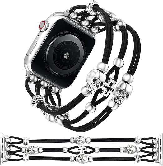 Skull Beaded Bracelet Compatible with Apple Watch Band, S/M - skull watch