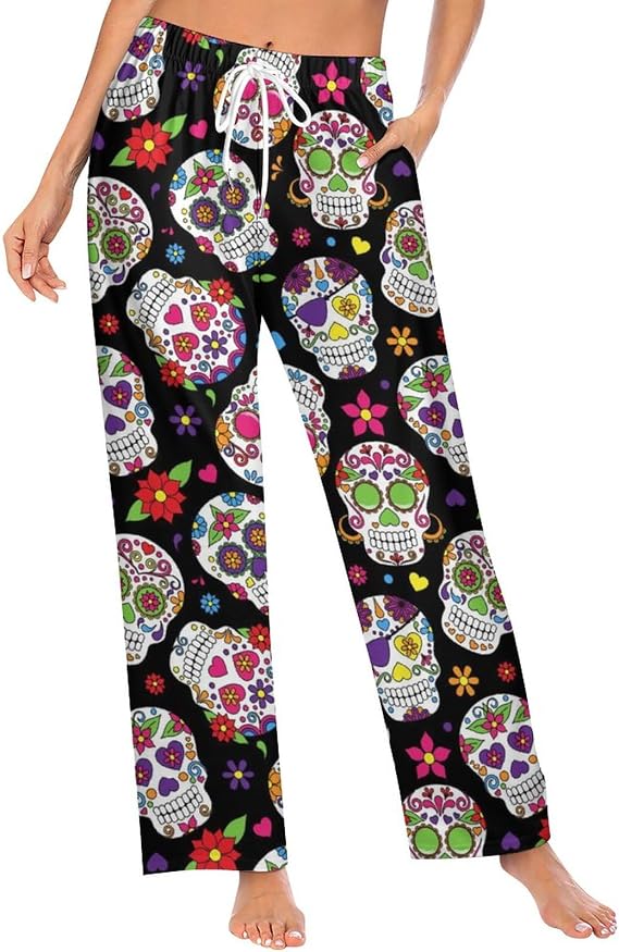 Women Lounge Pants Comfy Pajama Bottom Drawstring Sleepwear Long Pajamas Pants - skull pajamas